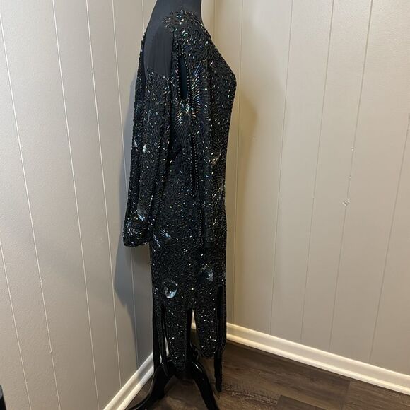 Stunning vintage beaded sequin black plung draped back neckline panel hem midi - Picture 6 of 13
